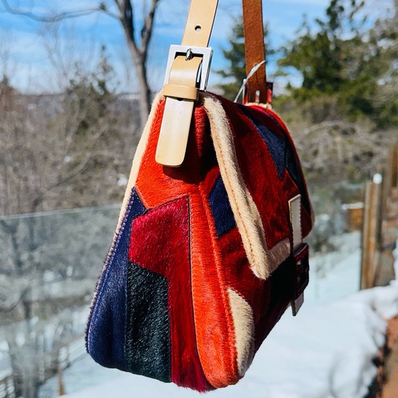 Fendi: Pony Calf Hair Multi Color Patchwork Leather Mamma Baguette Shoulder Bag - Picture 10 of 17